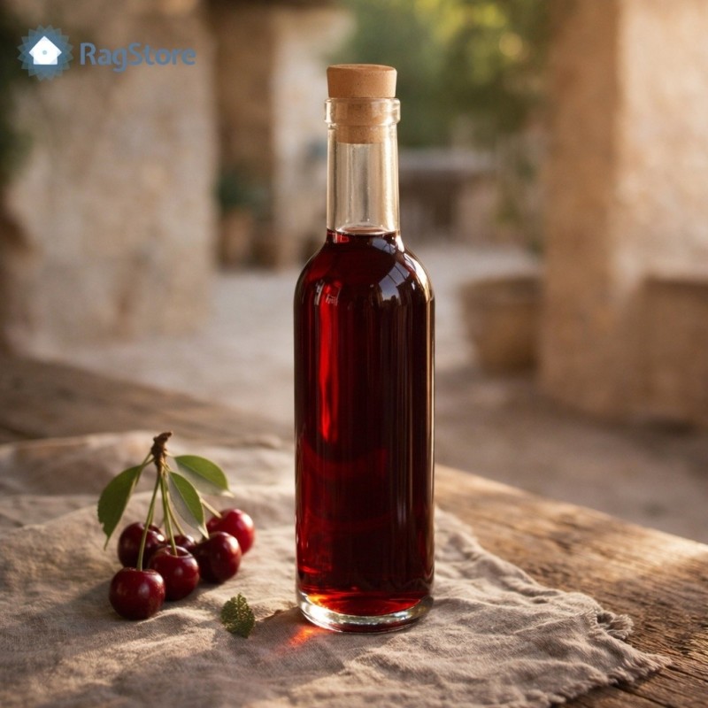 Bottiglia bordolese in vetro trasparente 375 ml con tappo, riempita con liquore all’amarena, stile artigianale
