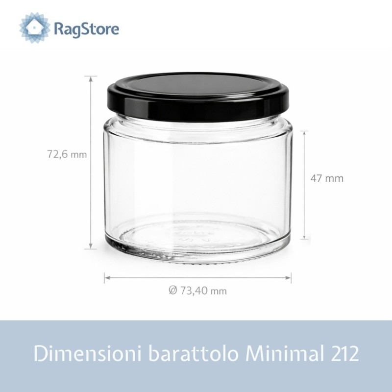 Dimensioni barattolo Minimal 212 ml: altezza 72,6 mm e diametro 73,4 mm con tappo nero