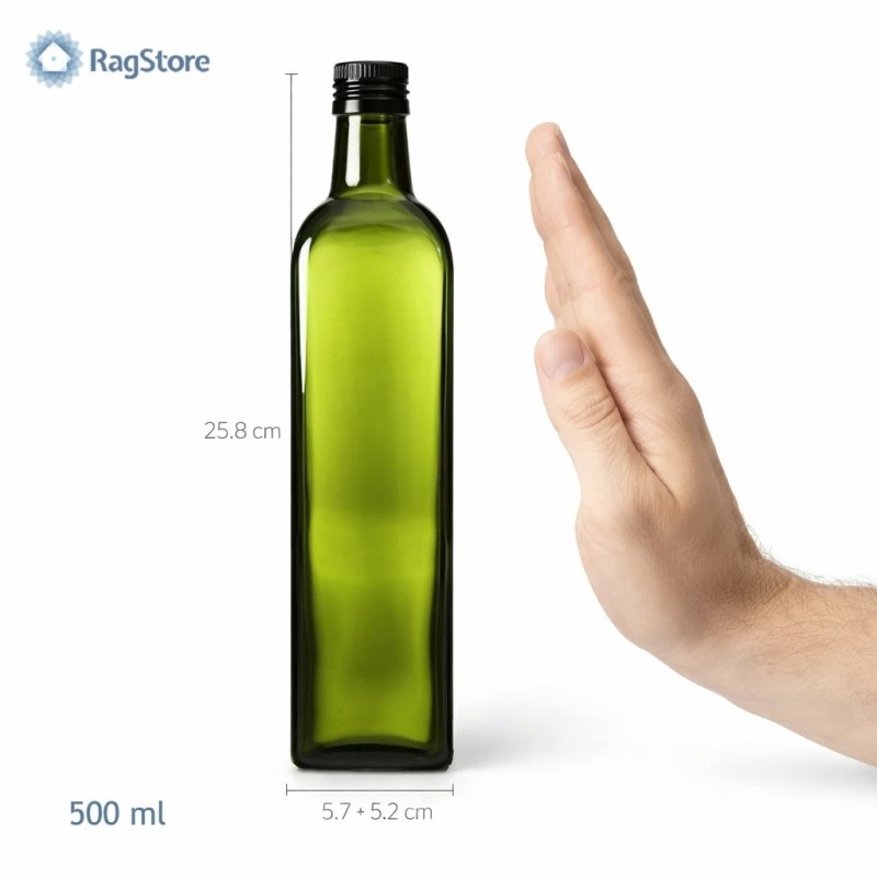 Bottiglia per olio Marasca quadrata 500 ml con indicazione dimensioni e scala mano, vetro UVAG