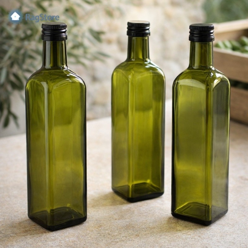 Bottiglia in vetro verde quadrata da 750 ml per olio con tappo versatore salva goccia