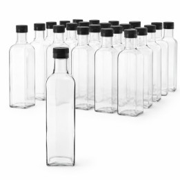 Kit 30 bottiglie Marasca quadrate in vetro trasparente da 500 ml con tappi neri autosigillanti