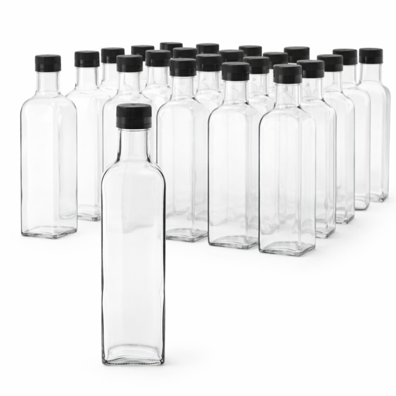 Kit 30 bottiglie Marasca quadrate in vetro trasparente da 500 ml con tappi neri autosigillanti