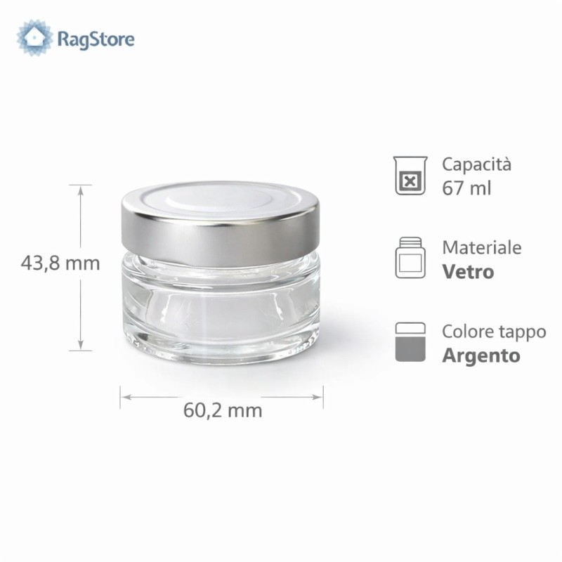 Dimensioni del barattolo vetro plus da 67 ml - con tappo argento