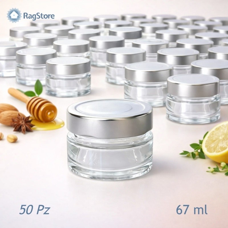 Set di 50 barattoli in vetro trasparente da 67ml con tappo argento