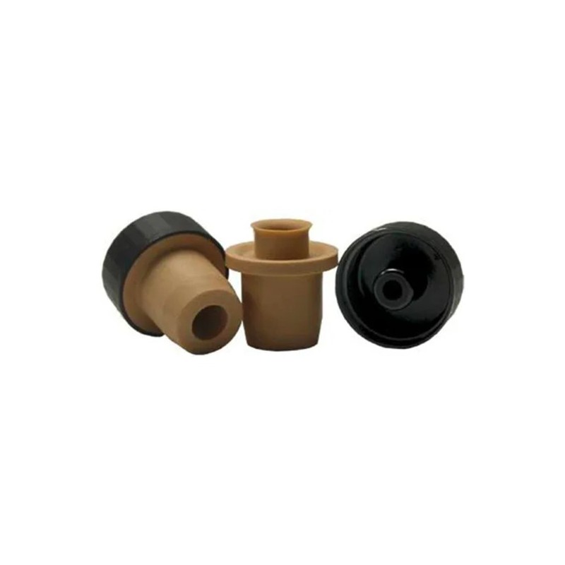 Dettaglio del tappo versatore sintetico nero Ø 19 mm in materiale alimentare, vista dall'alto e laterale