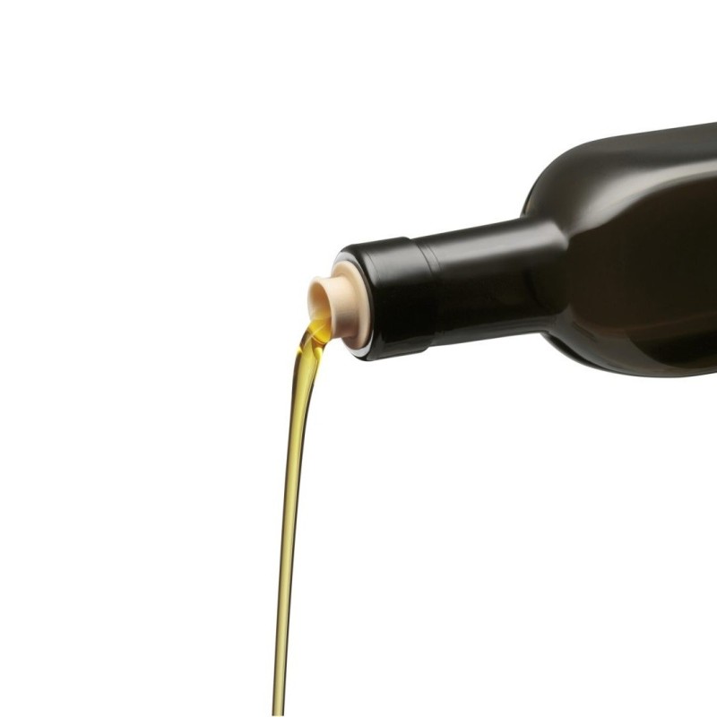 Tappo versatore sintetico nero per olio e liquori su bottiglia di vetro