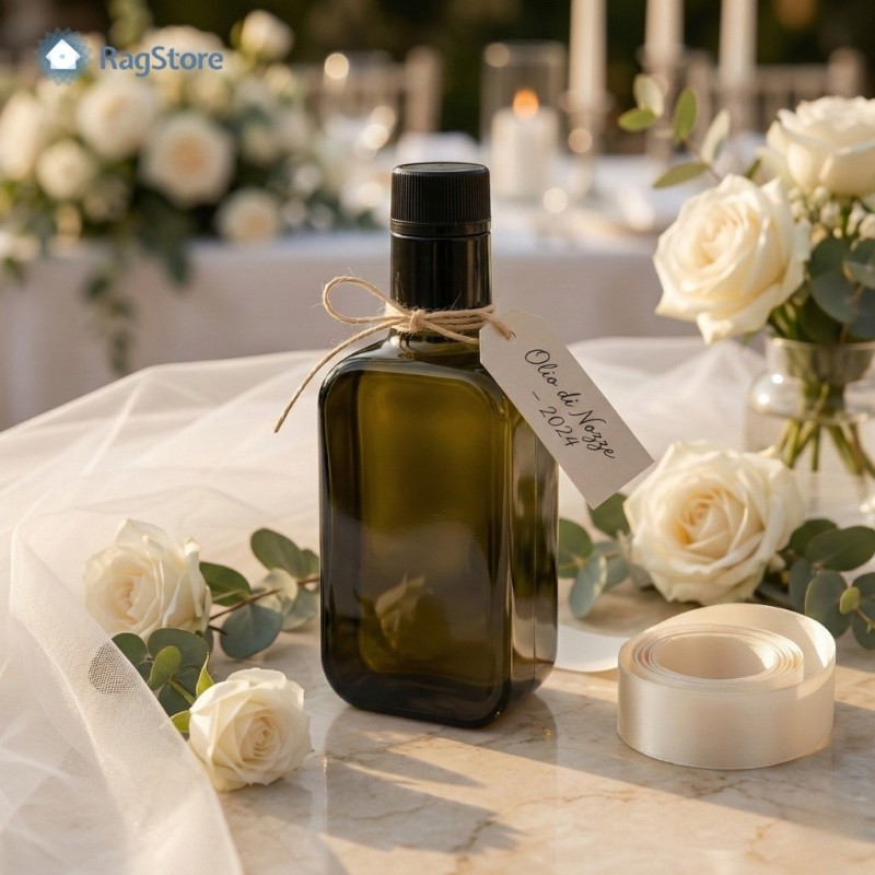 Bottiglia Moresca 250ml uso bomboniera matrimonio con cartellino Olio di Nozze e rose