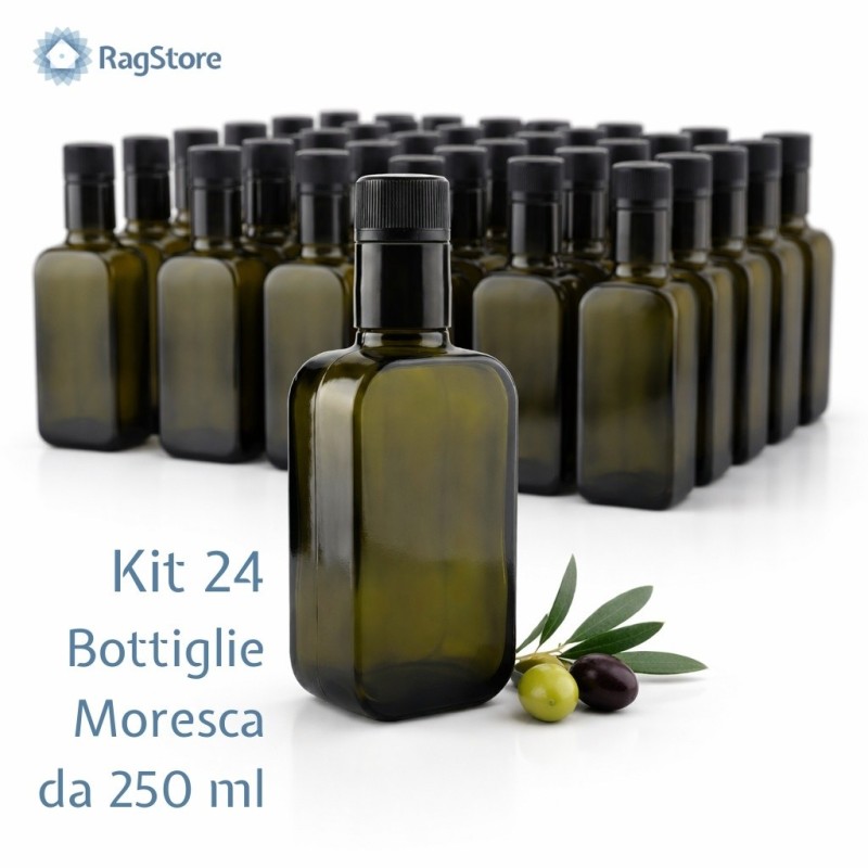 Scorta 24 bottiglie Moresca da 250 ml in vetro scuro per confezionamento olio d'oliva