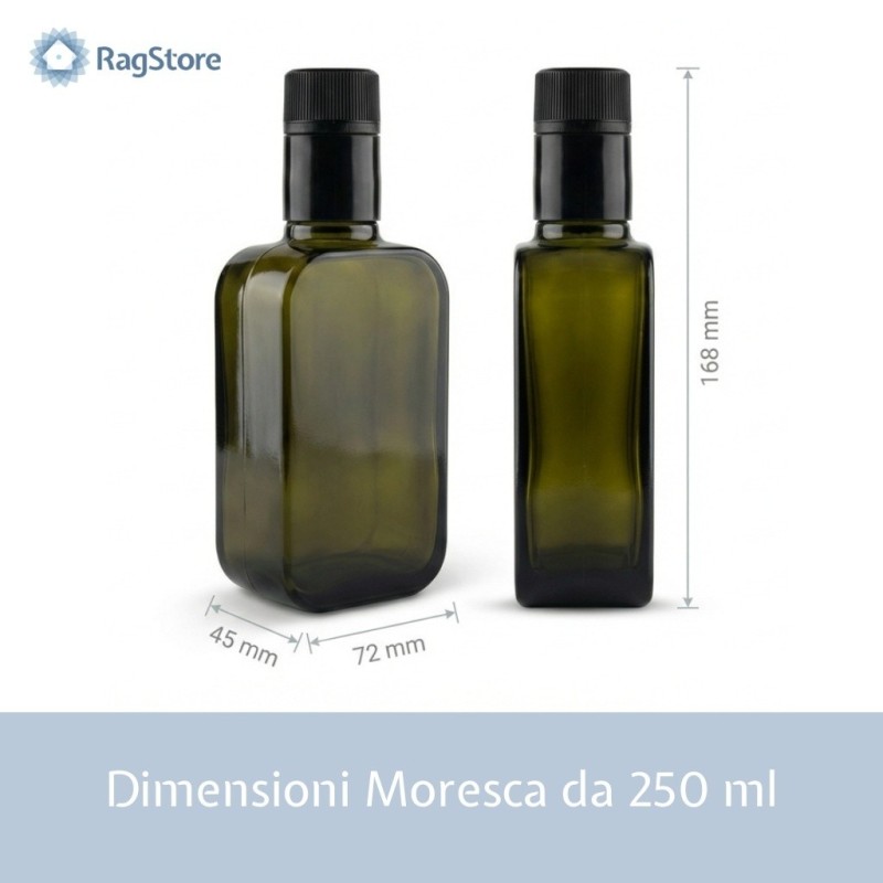 Dimensioni bottiglia Moresca 250 ml base 72x45 mm altezza 168 mm vetro verde