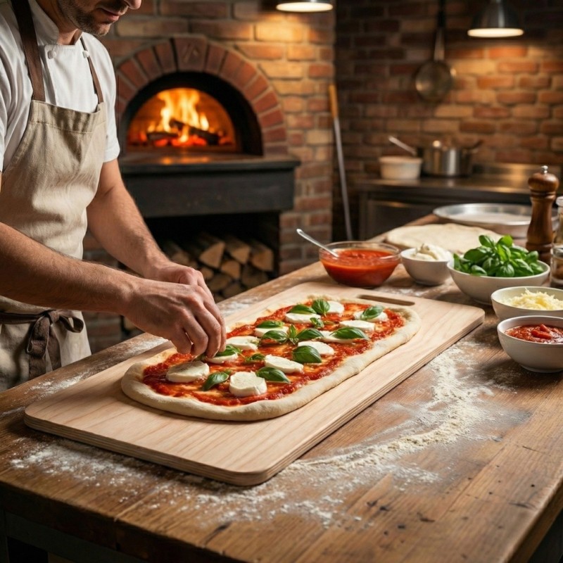 Pizzaiolo che prepara una pizza sulla pala da 1 metro in legno con spessore 8 mm