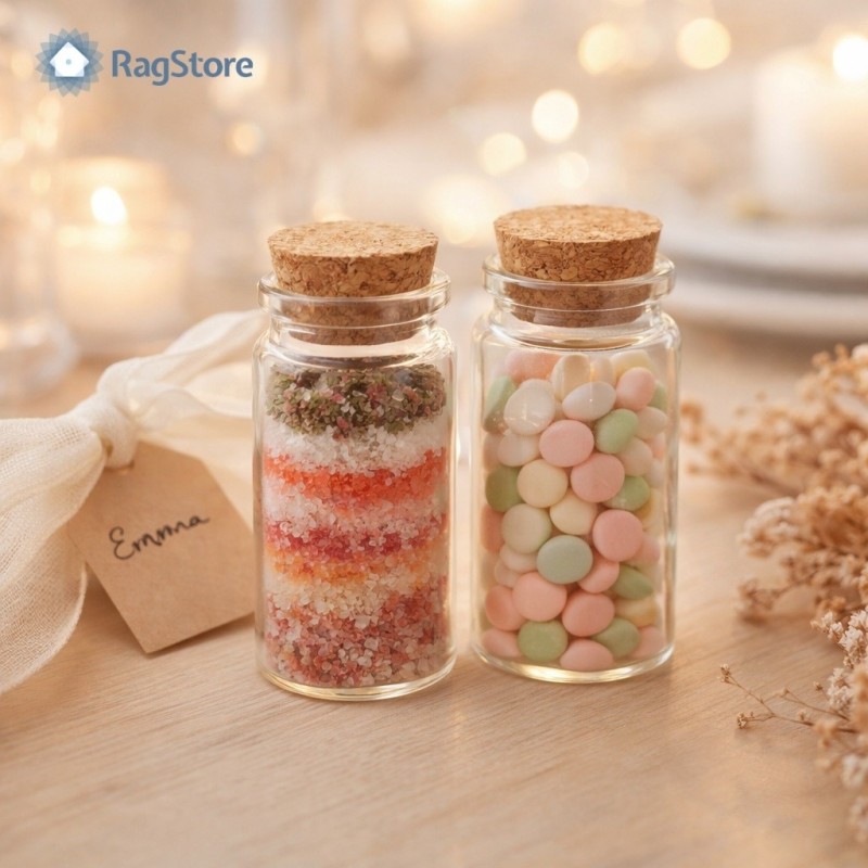 Set 2 Mini Flaconi in Vetro 60 ml con Tappo in Sughero per Bomboniere e Spezie