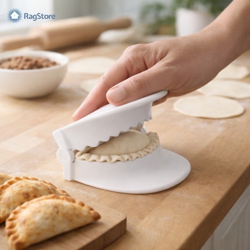 Stampo per empanadas 9,5 cm in uso su piano cucina con mano e ravioli sigillati