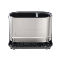 Portaspugne organizer in acciaio inox lucido con due scomparti per spugne e detersivi su piano cucina
