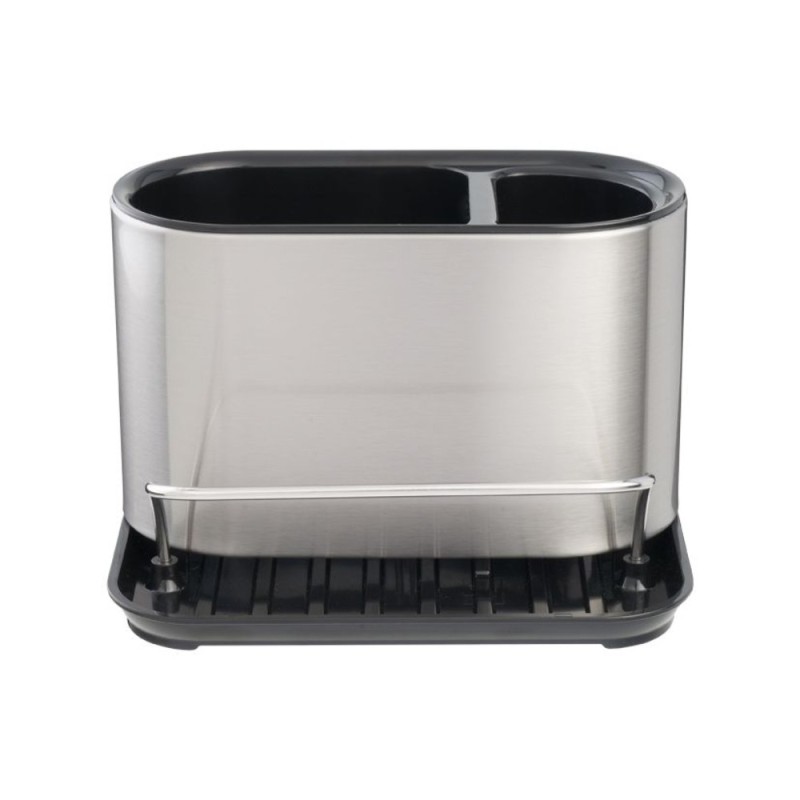 Portaspugne organizer in acciaio inox lucido con due scomparti per spugne e detersivi su piano cucina