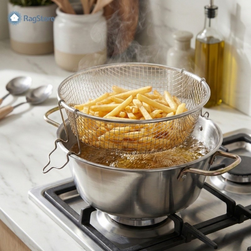 Casseruola in acciaio inox con doppio manico e cestello inserito per scolo olio