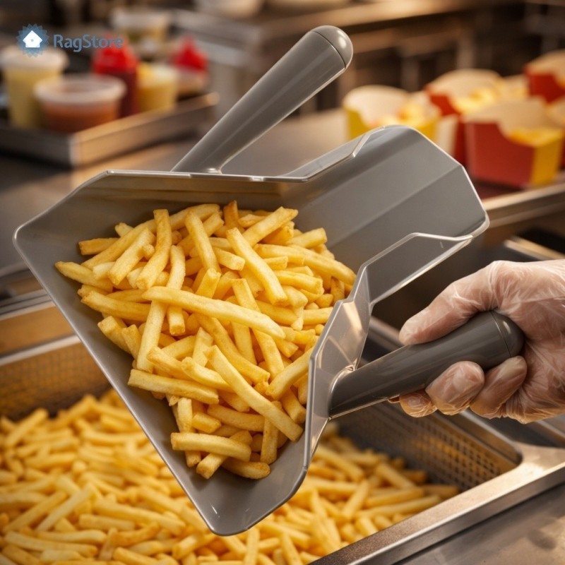 Esempio di porzionamento rapido di patatine fritte con la pala ambidestra in una friggitoria
