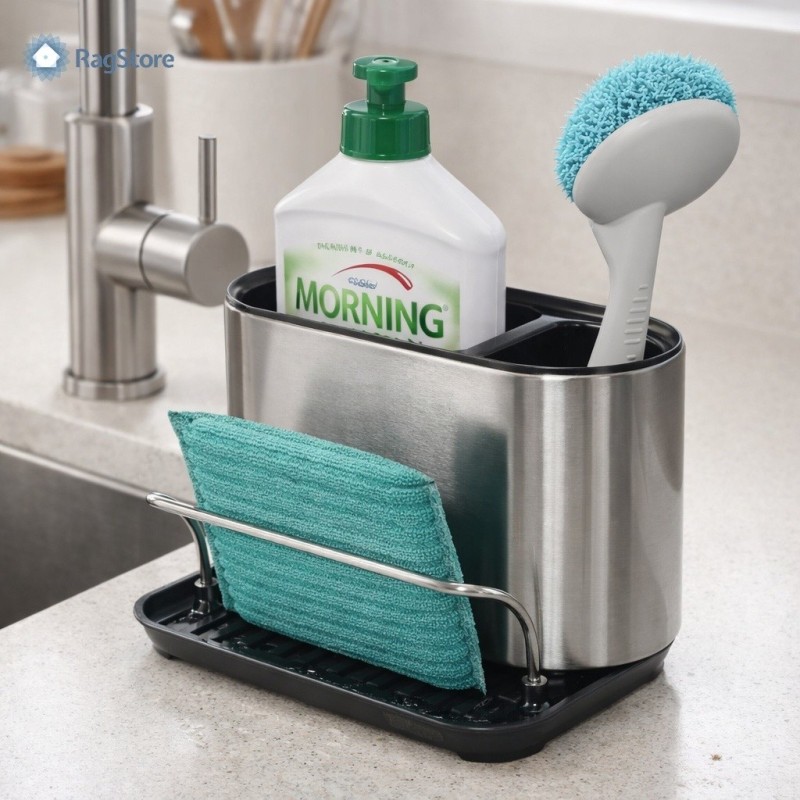 Organizer lavello posizionato accanto al rubinetto con spugna e dispenser sapone inclusi per dimostrazione spazio