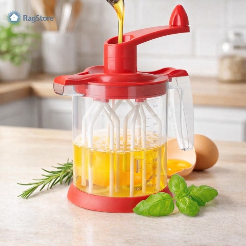 Sbattitore manuale in funzione durante la preparazione di una crema su un piano da cucina in legno