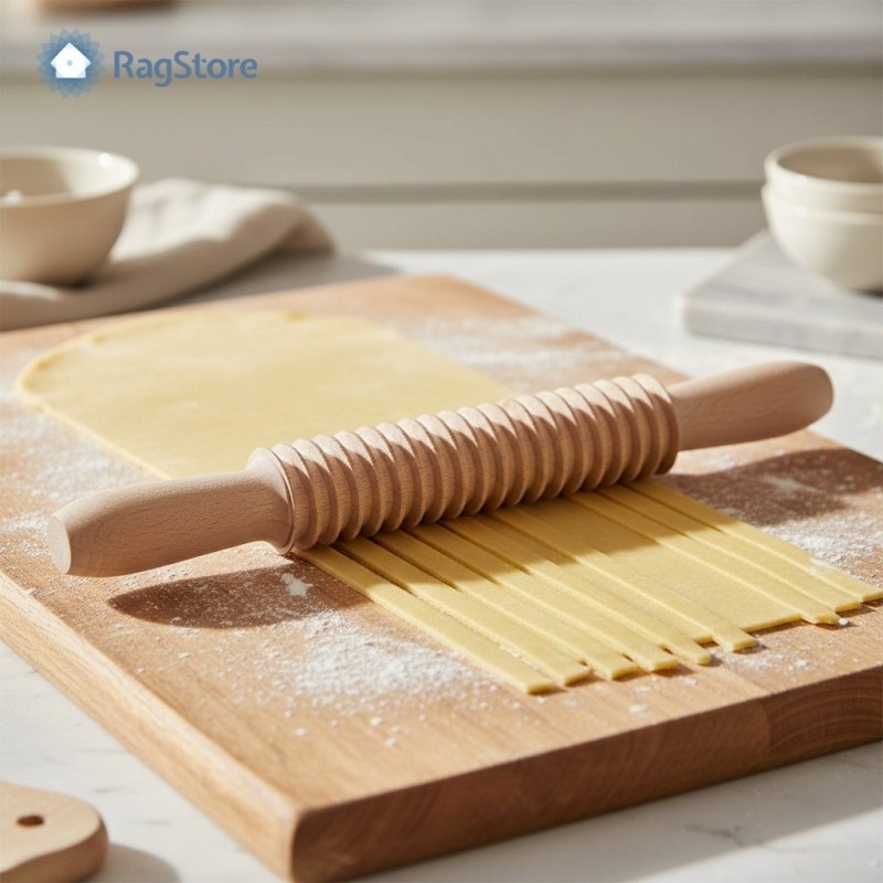 Mattarello tagliapasta in faggio in uso su asse per pasta fresca fatta in casa - RagStore