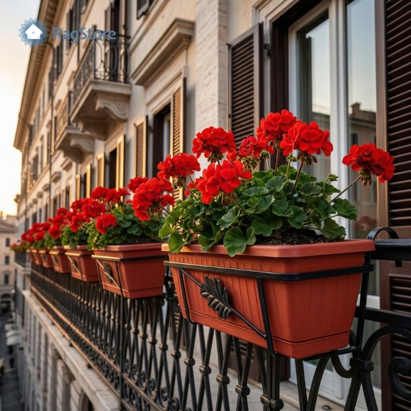 Vasi per arredare il balcone con fiori appesi alla ringhiera nel centro storico