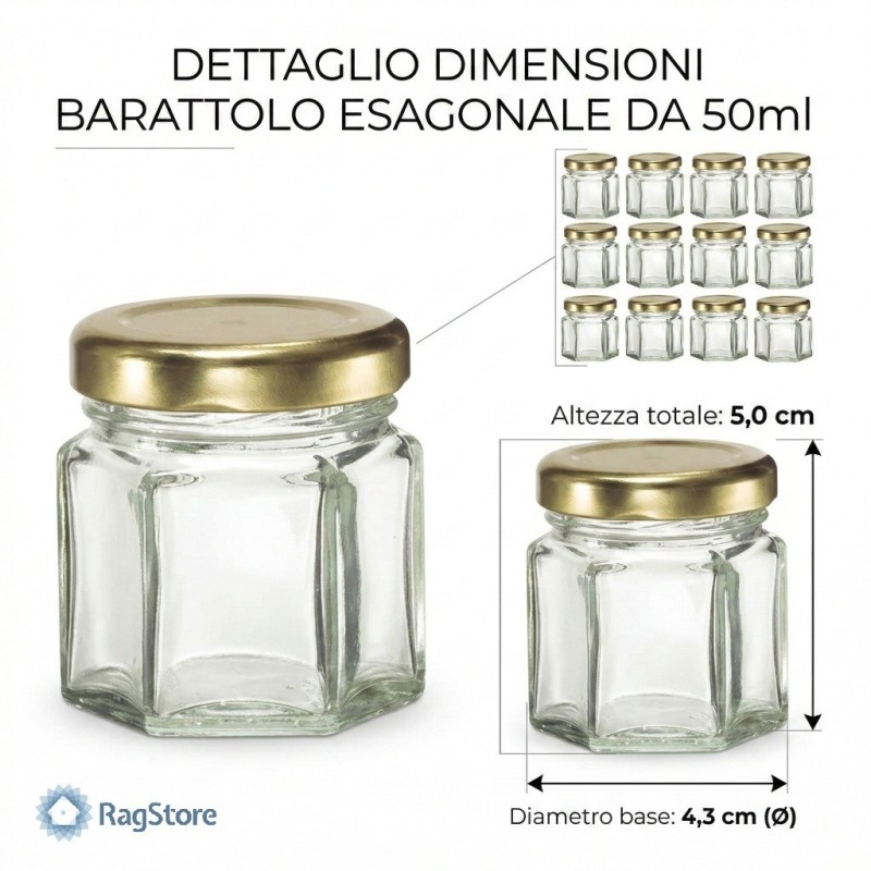 Dimensioni del kit barattolo esagonale da 45 ml con tappo oro