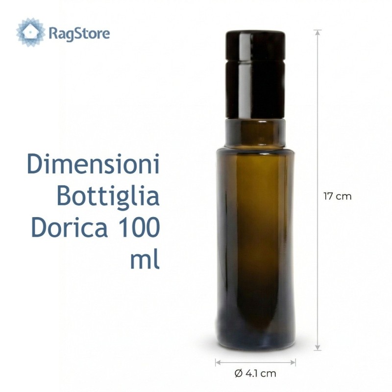 Dimensioni bottiglia dorica anti frode da 100 ml completa di tappo