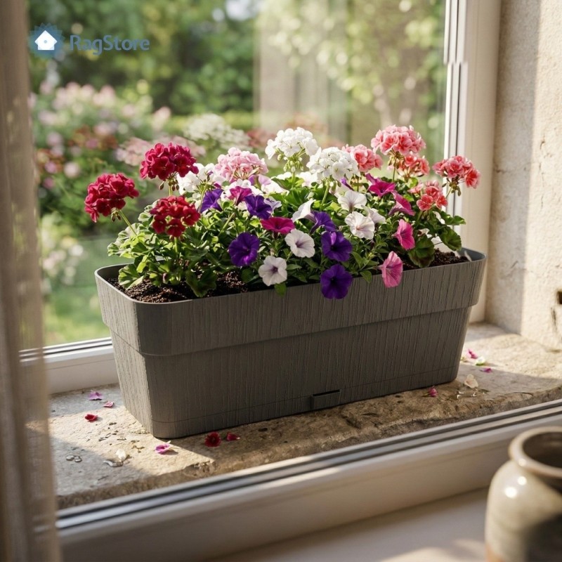 Balconetta Ethica 50x18x17 ambientata su un davanzale esterno con fiori colorati