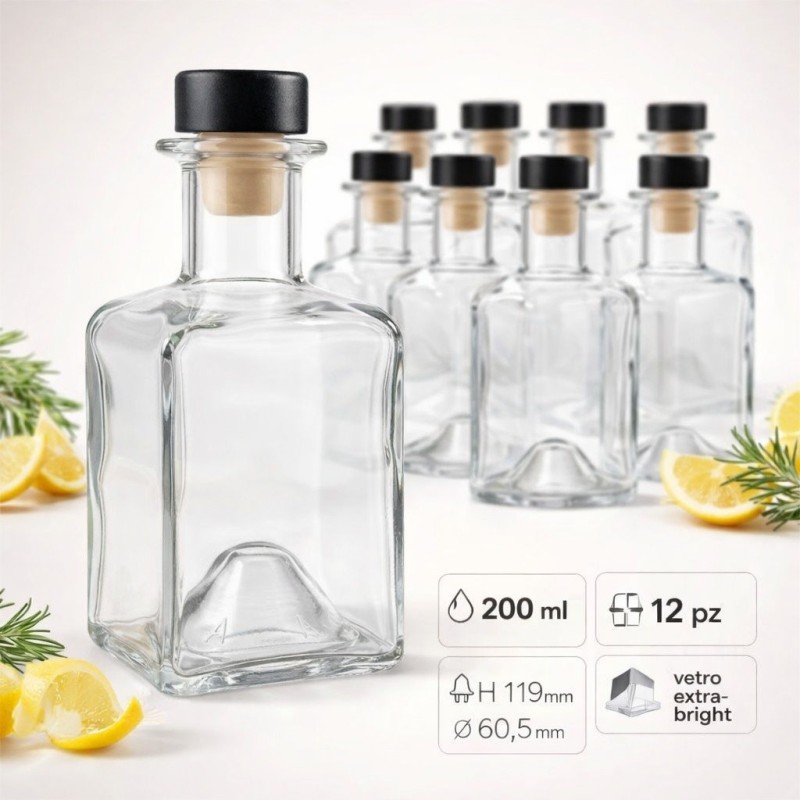 Kit da 12 bottiglie quadrate trasparenti da 200 ml complete di tappo Nero