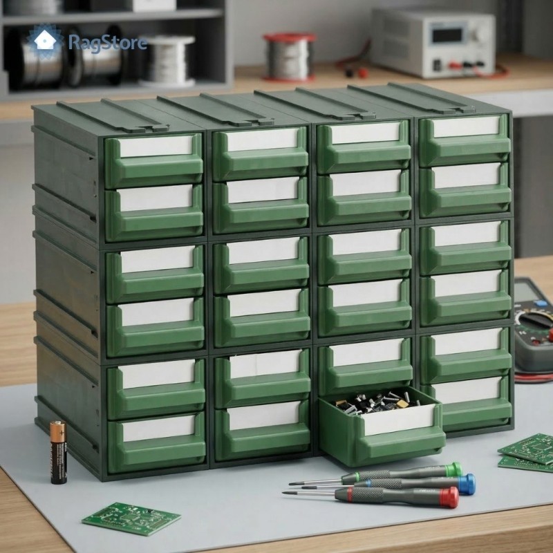 Dettaglio del cassetto estraibile verde da 11 cm per cassettiera modulare con spazio per etichetta