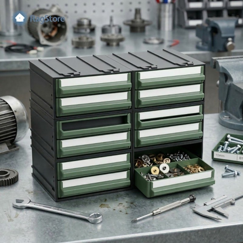 Dettaglio del cassetto verde estraibile largo 10 cm per cassettiera modulare portaoggetti