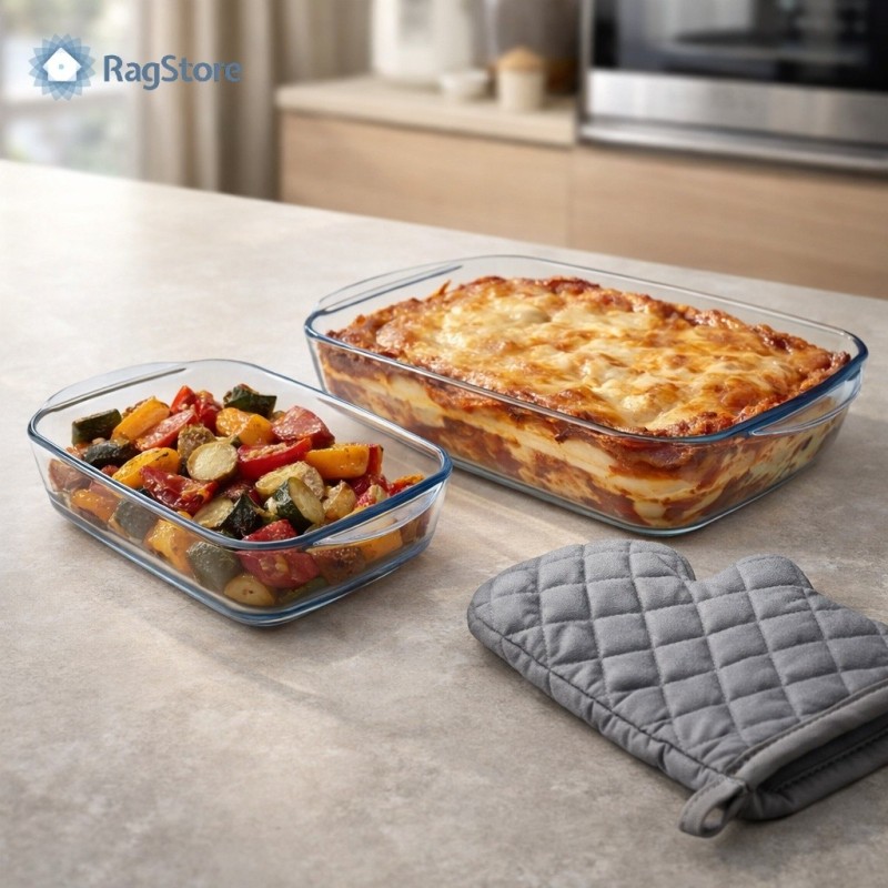 Teglie Pyrex Cook&Enjoy in vetro con lasagna e spiedini in cucina