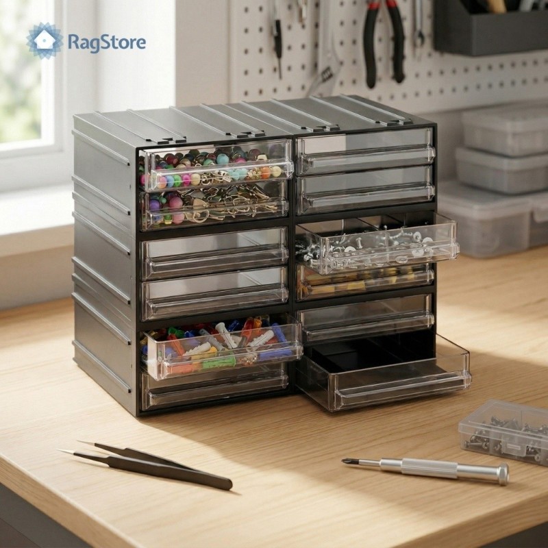 cassettiera componibile a 12 cassetti trasparenti per organizzare al meglio minuteria e piccoli componenti
