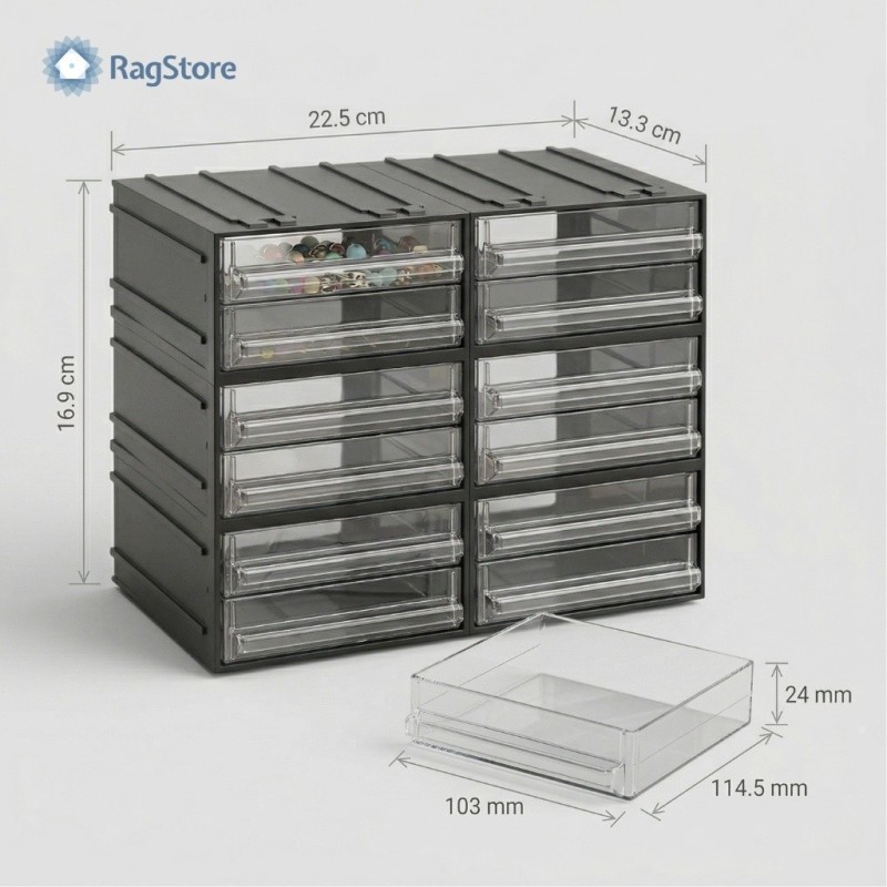 Dimensioni cassettiera in plastica a 12 cassetti trasparenti cm  22,5 x 13,3 x 16,9 h