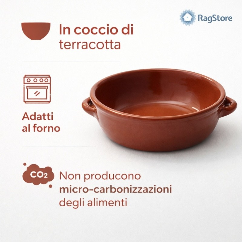 Dettaglio dell'interno in ceramica smaltata e dei pratici manici laterali del tegamino rustico in terracotta
