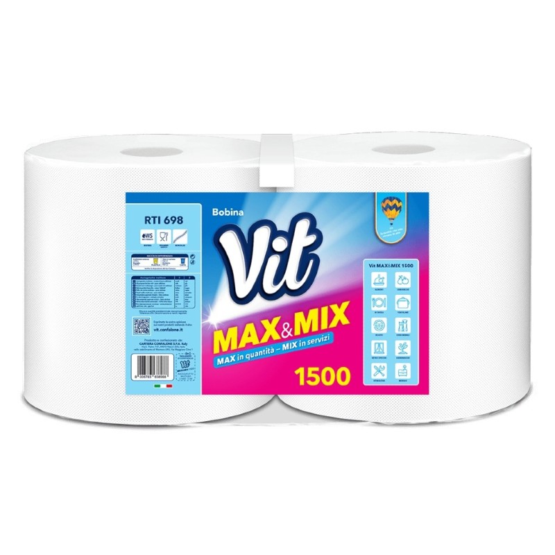 Carta mani asciugatutto Max&Mix 1500 strappi 2 rotoli in pura cellulosa