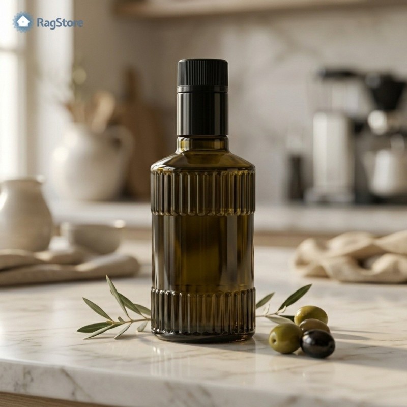 Bottiglia Oliena Ribs 250 ml per olio extravergine in cucina con olive e ramo d’ulivo