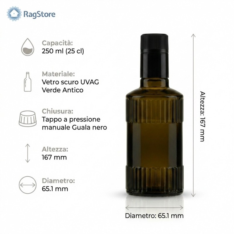 Dimensioni bottiglia per olio Olina Ribs da 250 ml in vetro scuro con tappo anti frode