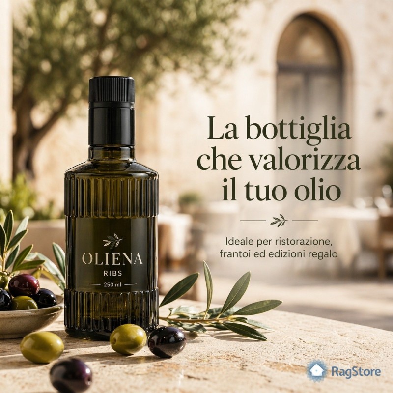 Bottiglia Oliena Ribs 250 ml per olio EVO con tappo anti-frode in ambientazione gourmet