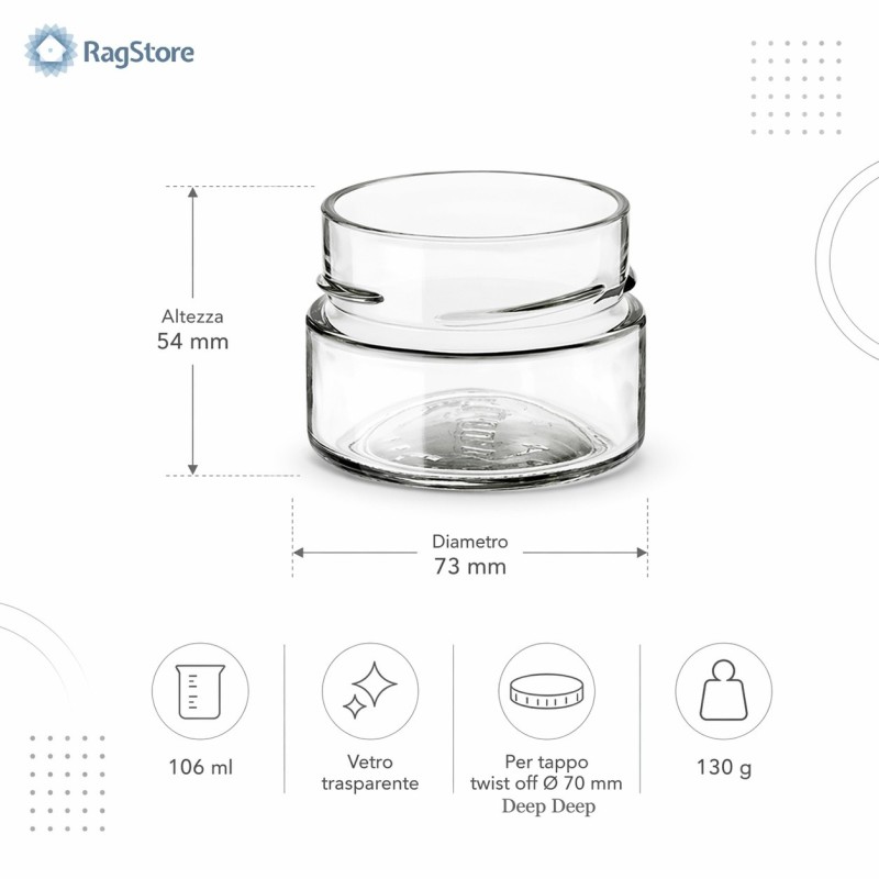 Dimensioni del barattolo in vetro Ergo da 106 ml per tappo alto da 70 mm