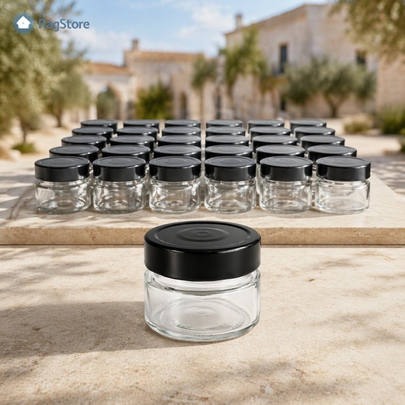 Kit 24 barattoli Ergo 106 ml con tappo nero in ambientazione masseria gourmet