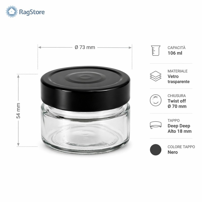 Dimensioni barattolo Ergo 106 ml con tappo nero Deep Deep Ø 70