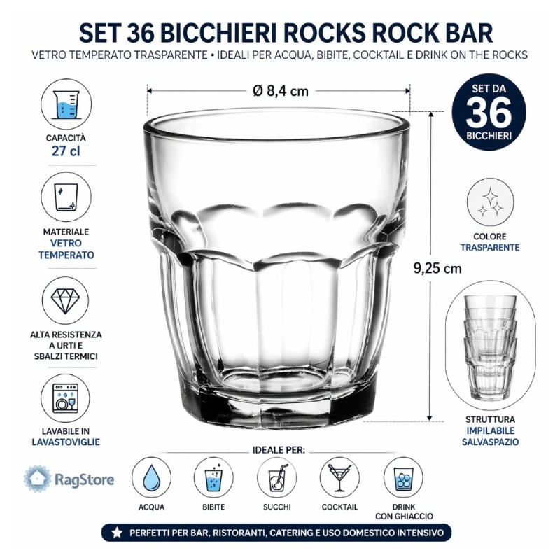Dimensioni del bicchiere rock bar da 27 cl trasparente impilabile - Bormioli Rocco