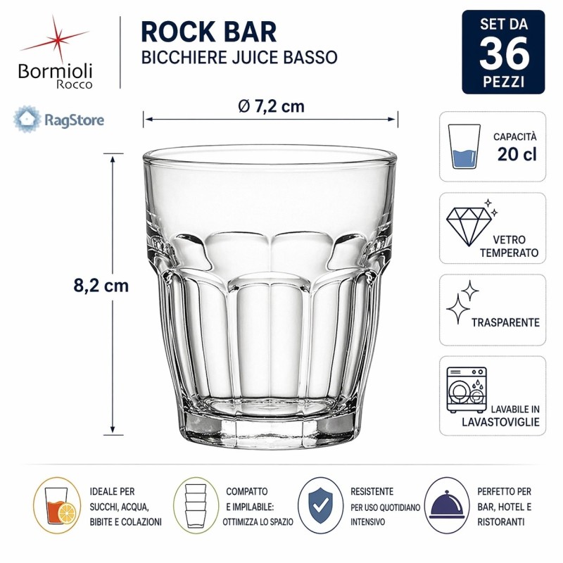 Dimensioni del bicchiere Rock Bar Juice da 20 cl in vetro trasparente Bormioli Rocco