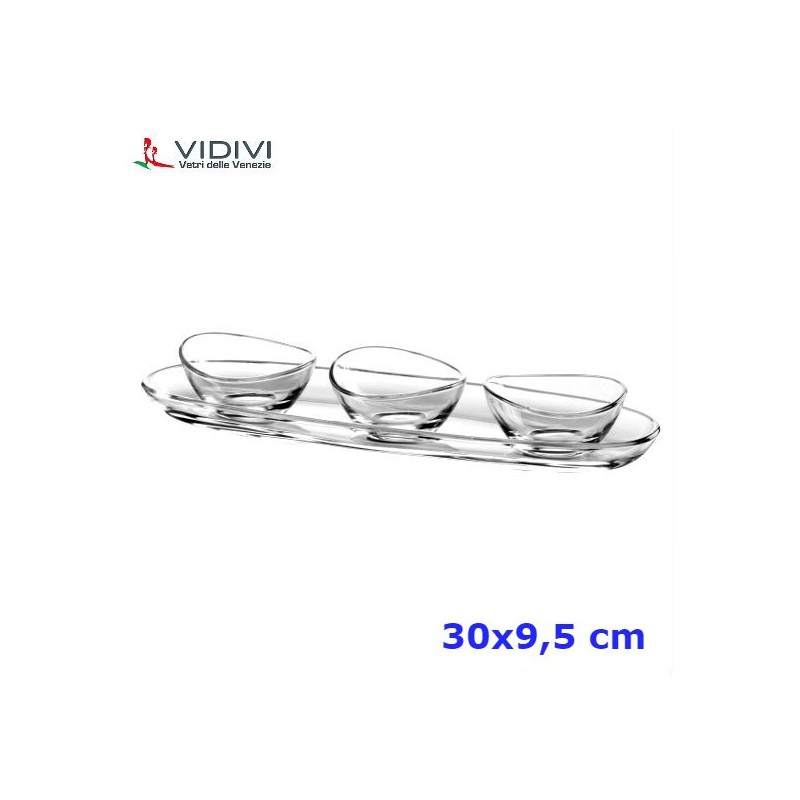 ANTIPASTIERA VETRO RETTANGOLARE CON TRE CIOTOLE CM 30x9,5