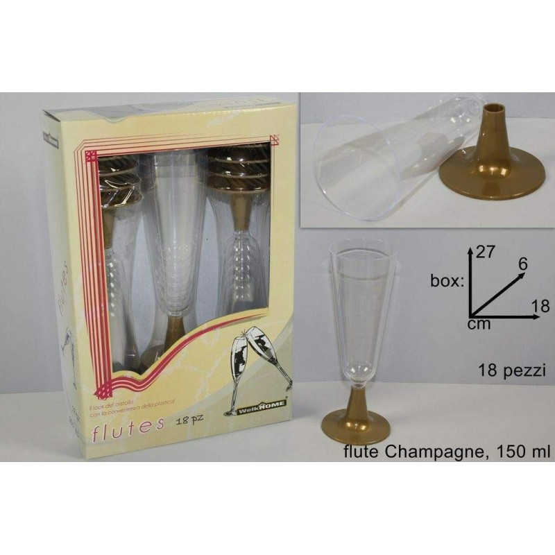 BICCHIERI FLUTES PLASTICA BASE ORO Pz 18