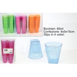 BICCHIERI QUADRATI PLASTICA 60 ml COLORI ASS Pz 30