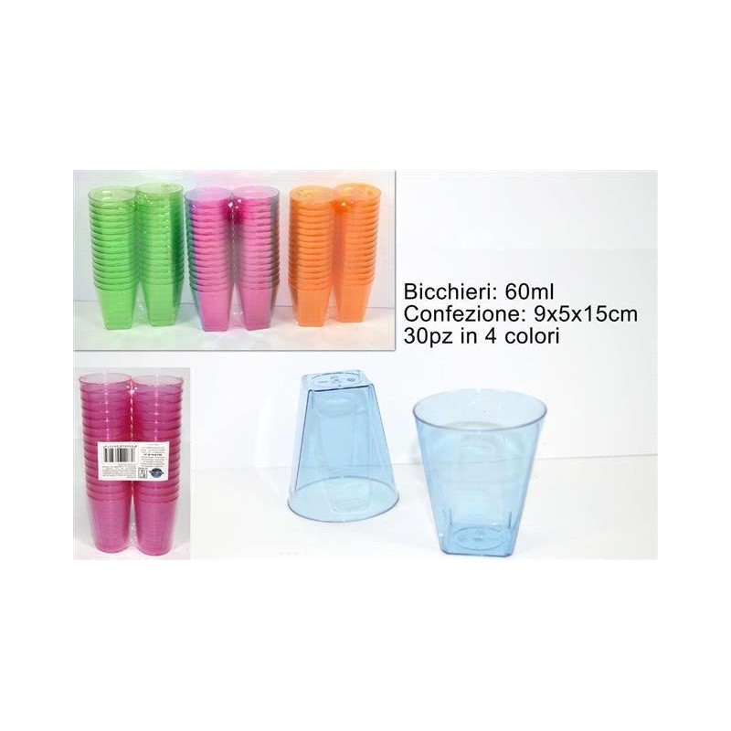 BICCHIERI QUADRATI PLASTICA 60 ml COLORI ASS Pz 30