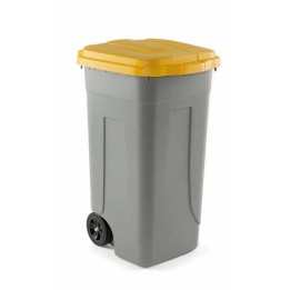Bidone per raccolta differenziata giallo da 80 litri con ruote e coperchio chiuso