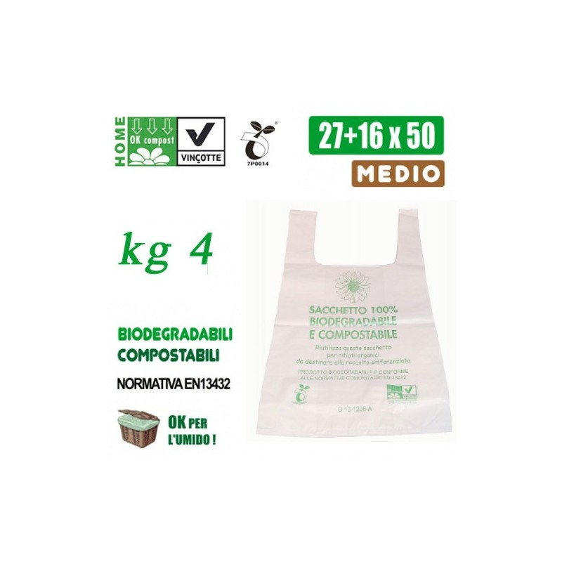 BUSTE SHOPPERS BIOCOMPOSTABILI MEDIE KG 4 BIANCHE