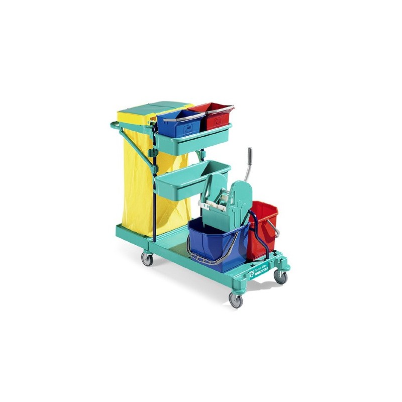 CARRELLO PULIZIE CON 4 SECCHI + PORTASACCO E STRIZZO